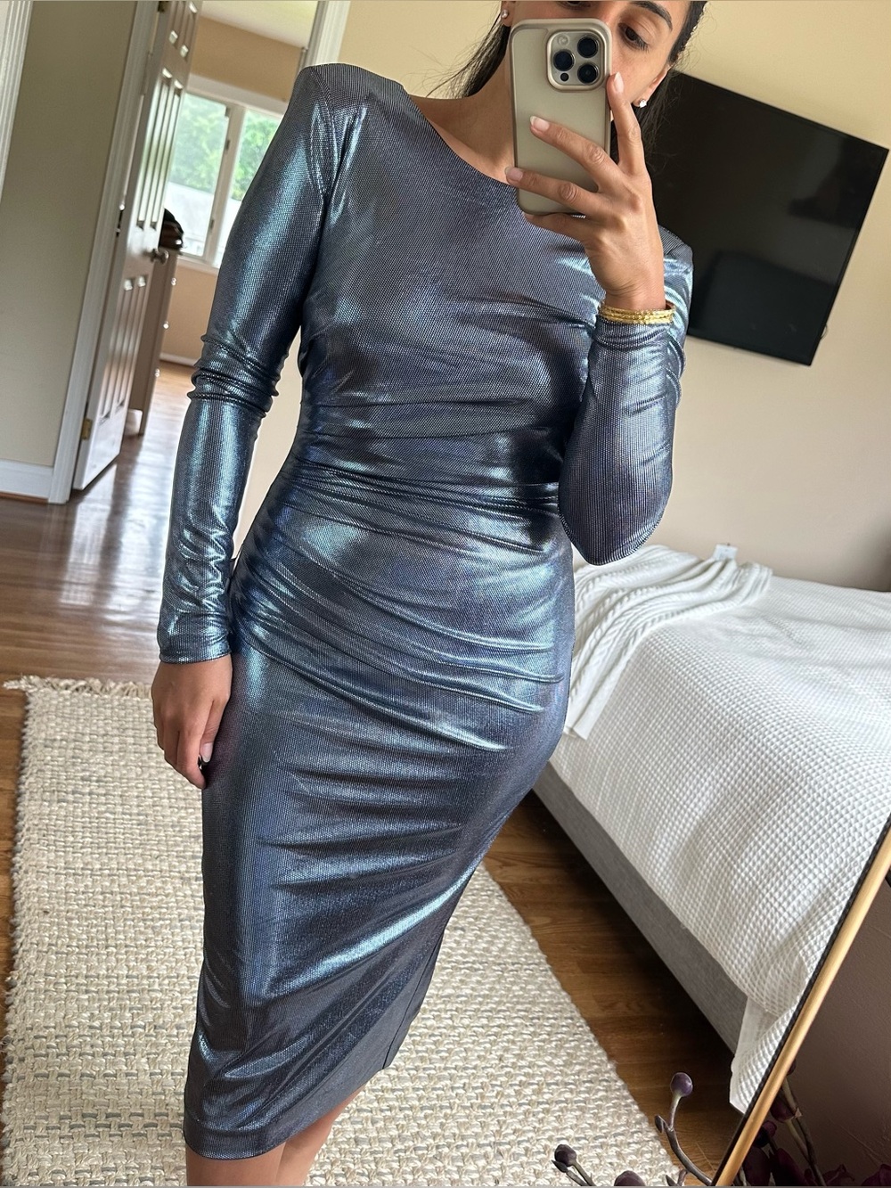 NWT Dress the Population Emilia Blue Metallic Long Sleeve Bodycon Dress